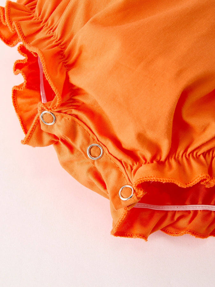 Fall Thanksgiving&Halloween Orange Pumpkin Smock Embroidery Lace Baby Girl Romper