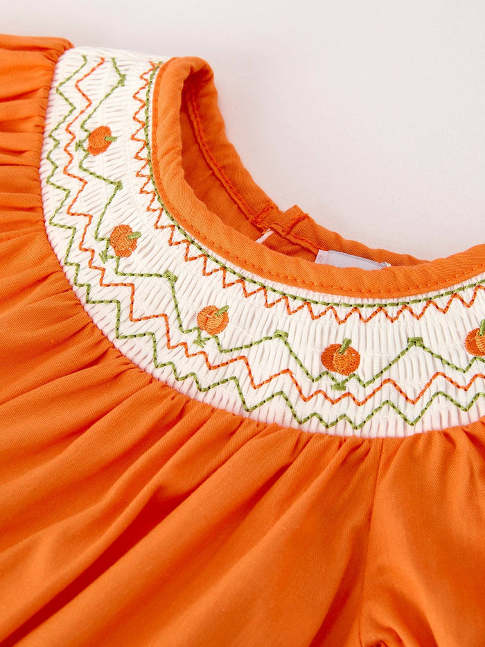 Fall Thanksgiving&Halloween Orange Pumpkin Smock Embroidery Lace Baby Girl Romper