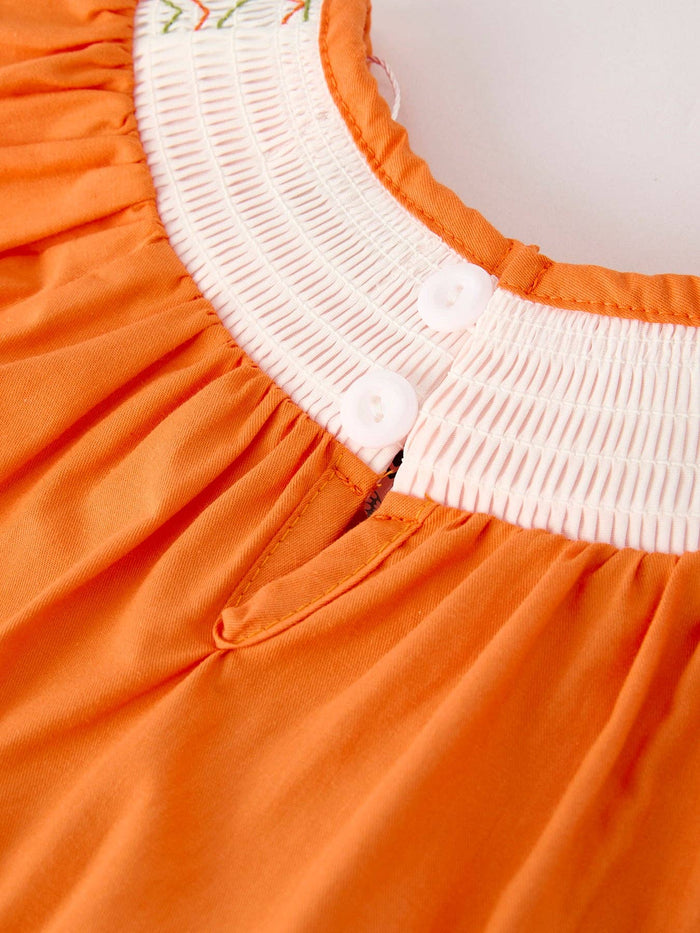 Fall Thanksgiving&Halloween Orange Pumpkin Smock Embroidery Lace Baby Girl Romper