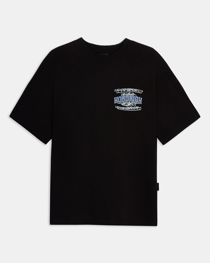 Black t-shirt with a logo on the chest against a white background
