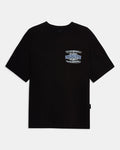 Black t-shirt with a logo on the chest against a white background