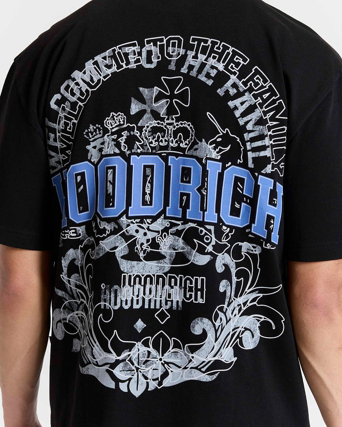Black t-shirt with 'Goodrich' branding and graphics on a white background