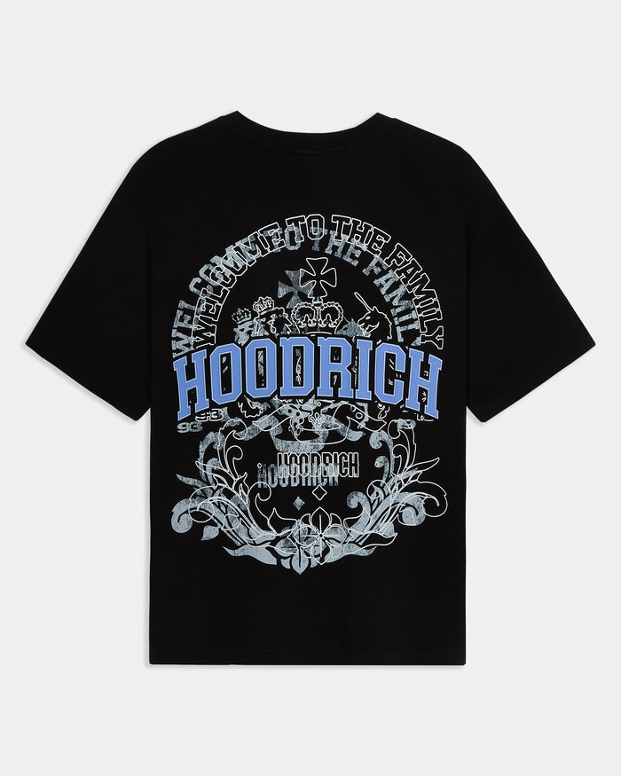 Black t-shirt with blue and white graphic design on a white background
