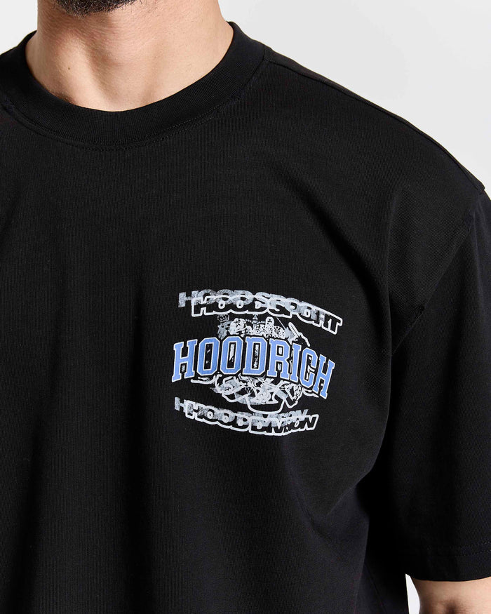 Black t-shirt with 'Hoodrich' logo on a plain background