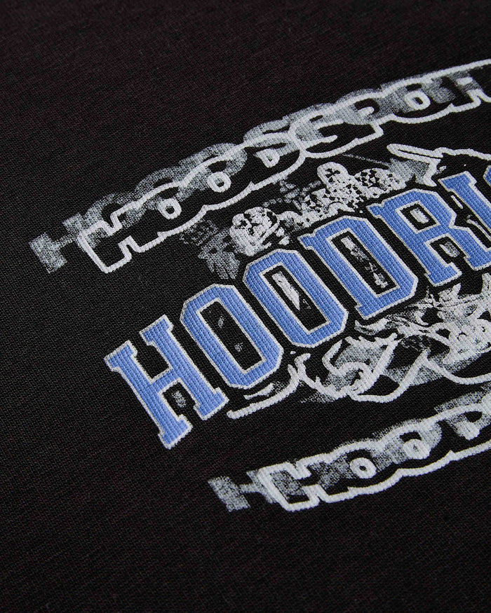 Close-up of a black hoodie with 'Hoodrich' branding in blue and white.
