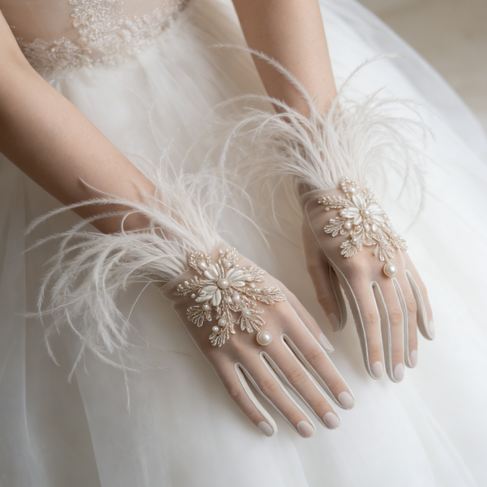 Feather bridal gloves crafted from illusion tulle with ribbon embroidered floral details and faux pearl embellishments.