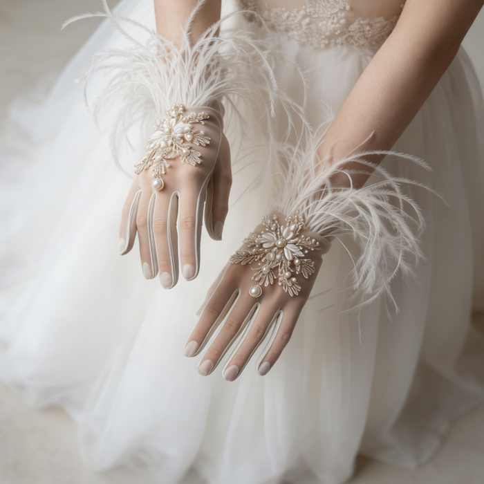 Feather bridal gloves crafted from illusion tulle with ribbon embroidered floral details and faux pearl embellishments.