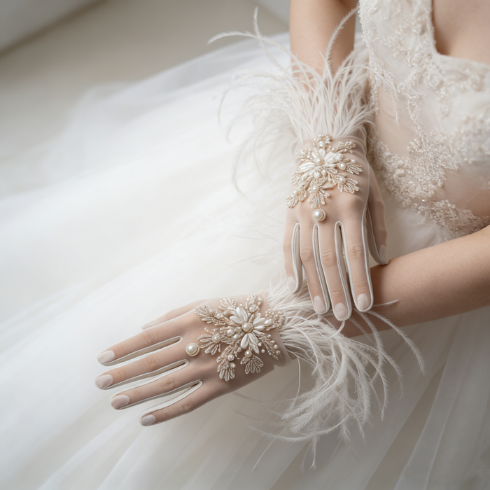 Feather bridal gloves crafted from illusion tulle with ribbon embroidered floral details and faux pearl embellishments.