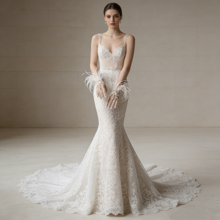 Bride wearing feather trimmed bridal gloves with pearl embroidery and a lace wedding gown during an elegant bridal photoshoot.