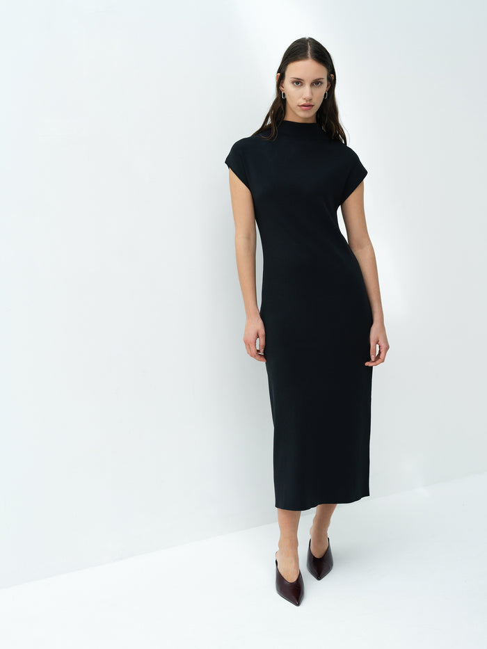 Fenella Dark Grey Mock Neck Knit Midi Dress