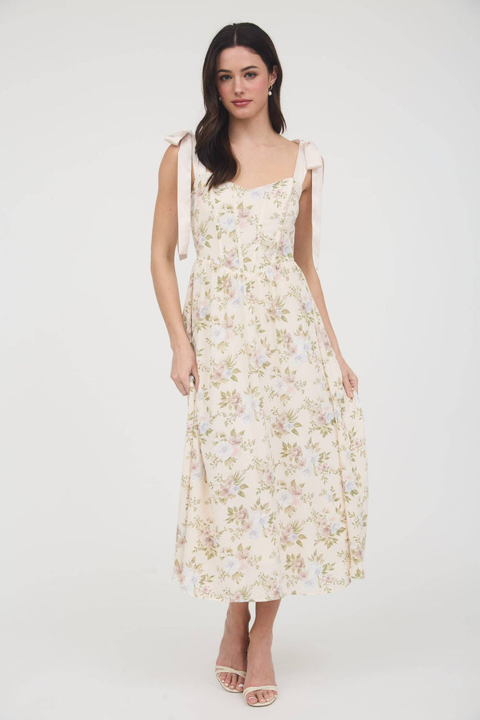 FLORAL CORSET DETAIL TIE STRAP MIDI DRESS