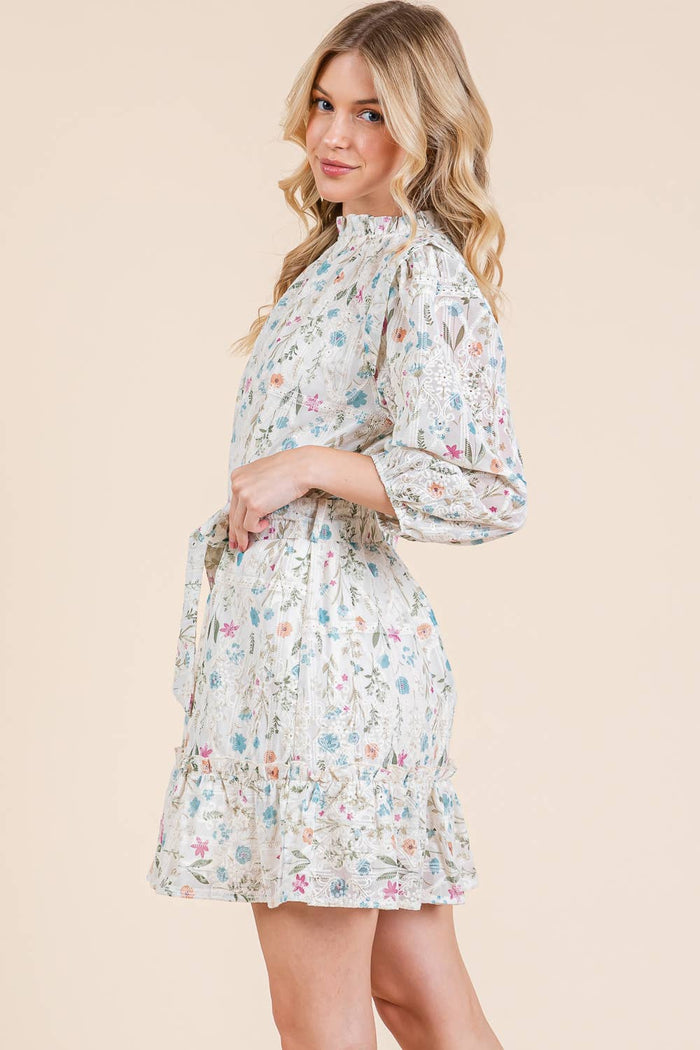 Floral Eyelet Lace Belted Mini Dress