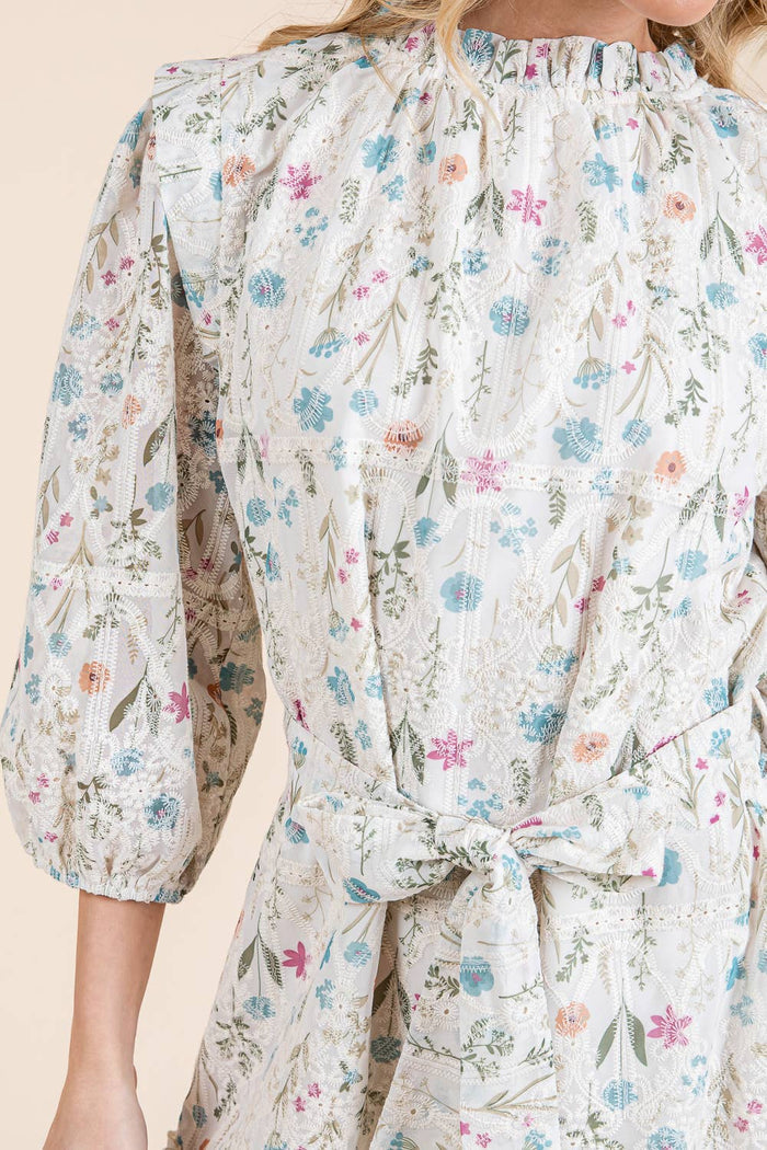 Floral Eyelet Lace Belted Mini Dress