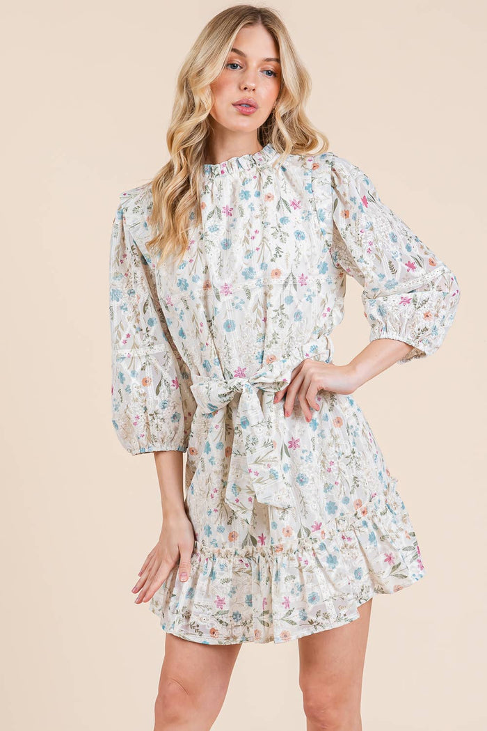 Floral Eyelet Lace Belted Mini Dress