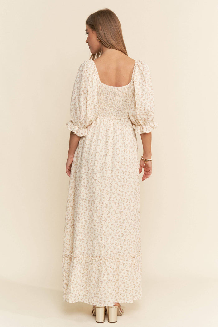 Floral Print Square Neckline Maxi Dress Neutral