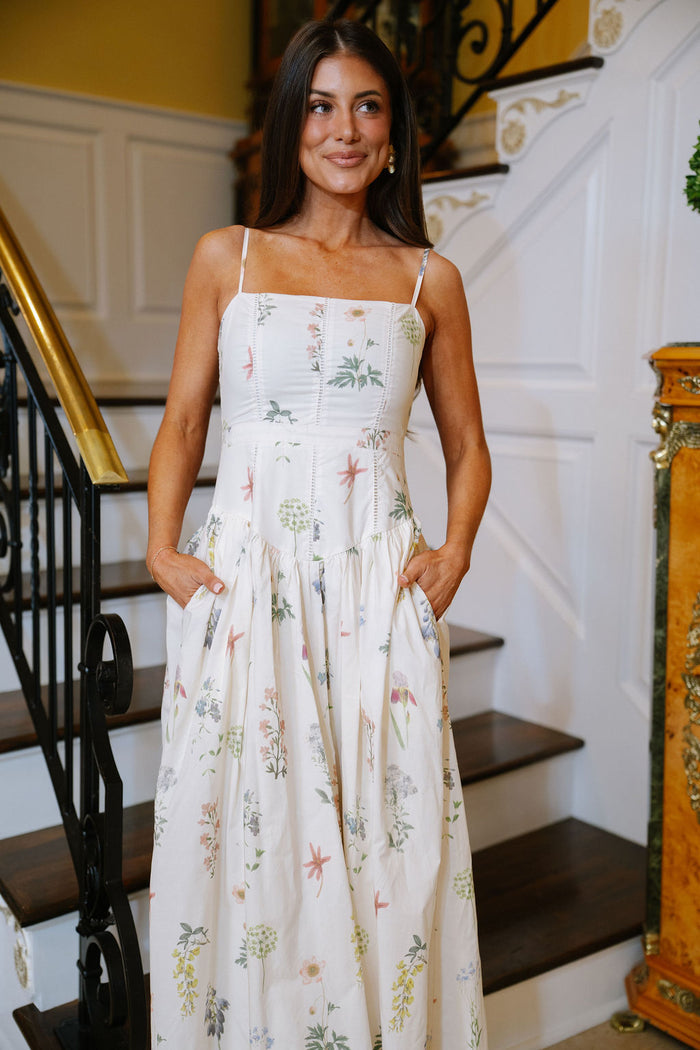 Floral Printed Drop Waist Dress-Cream