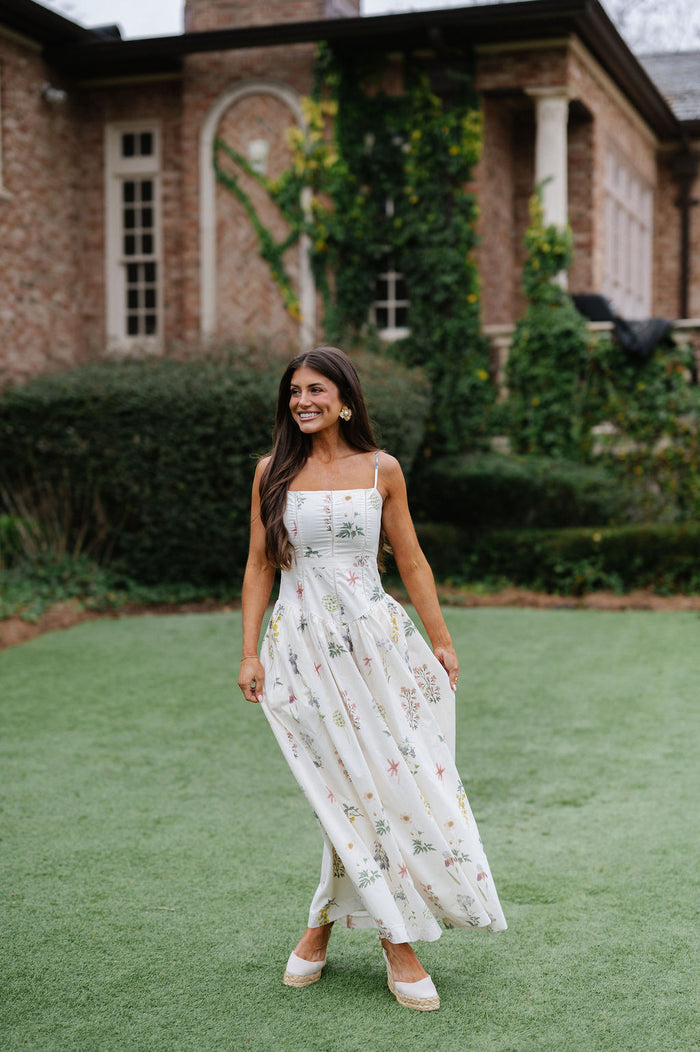 Floral Printed Drop Waist Dress-Cream
