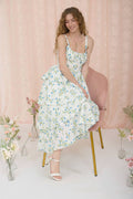 FLORAL RUFFLE TIERED BACK TIE MIDI DRESS: BLUE MULTI