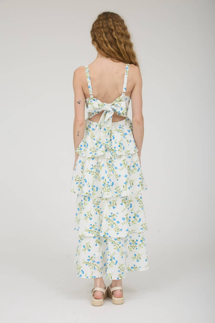 FLORAL RUFFLE TIERED BACK TIE MIDI DRESS: BLUE MULTI