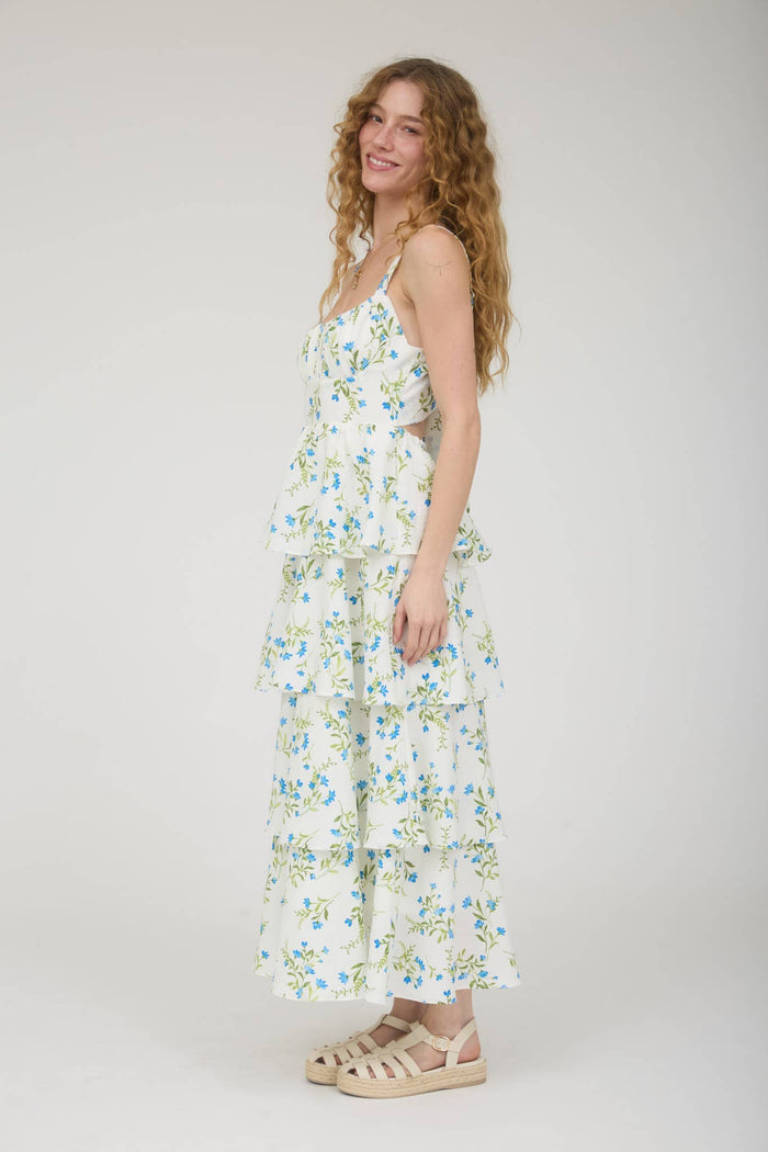 FLORAL RUFFLE TIERED BACK TIE MIDI DRESS: BLUE MULTI