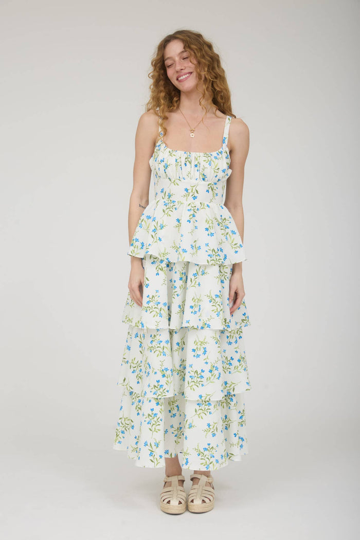 FLORAL RUFFLE TIERED BACK TIE MIDI DRESS: BLUE MULTI
