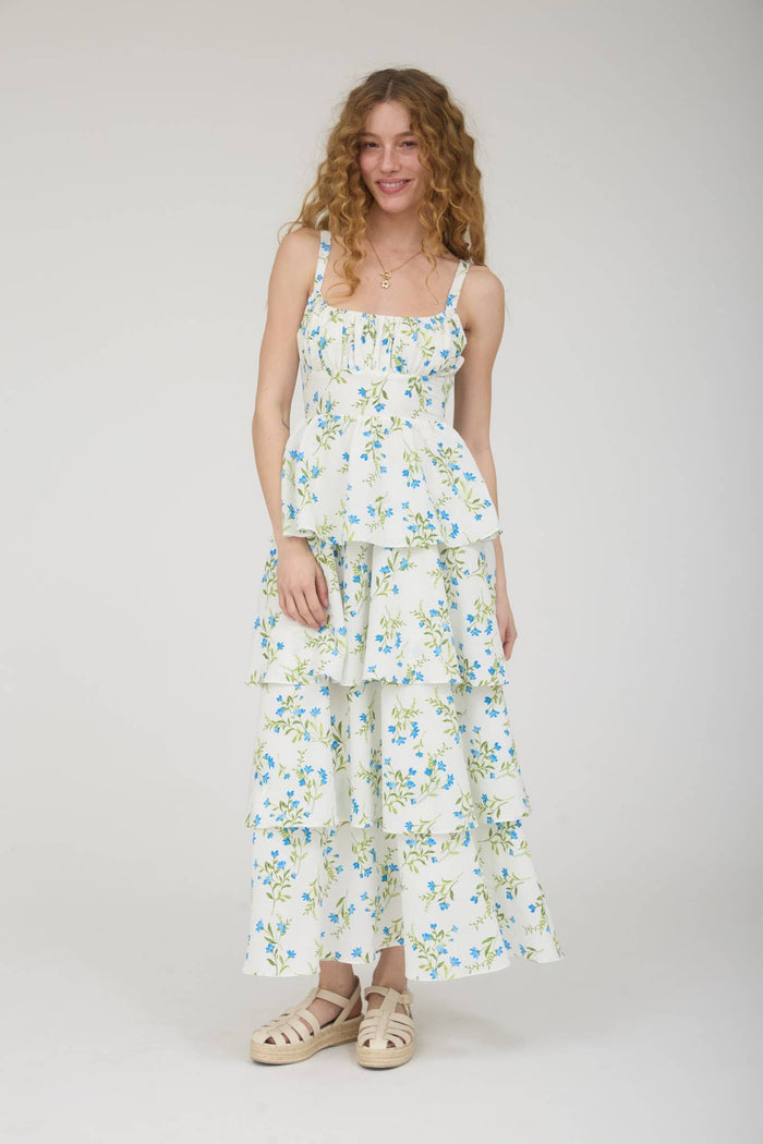 FLORAL RUFFLE TIERED BACK TIE MIDI DRESS: BLUE MULTI