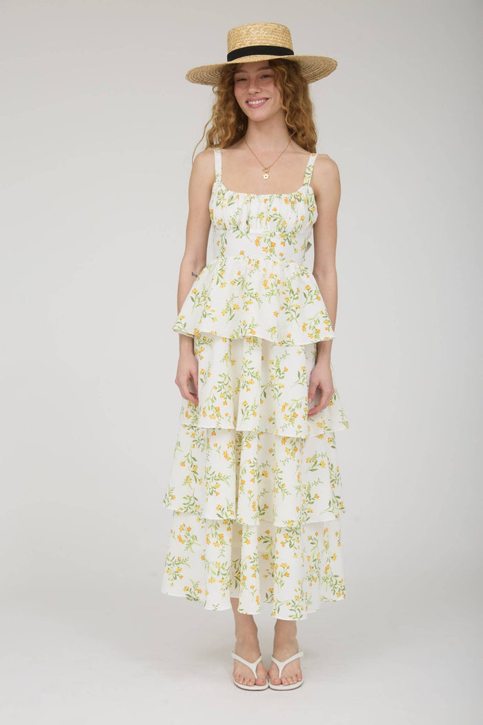 FLORAL RUFFLE TIERED BACK TIE MIDI DRESS: BLUE MULTI