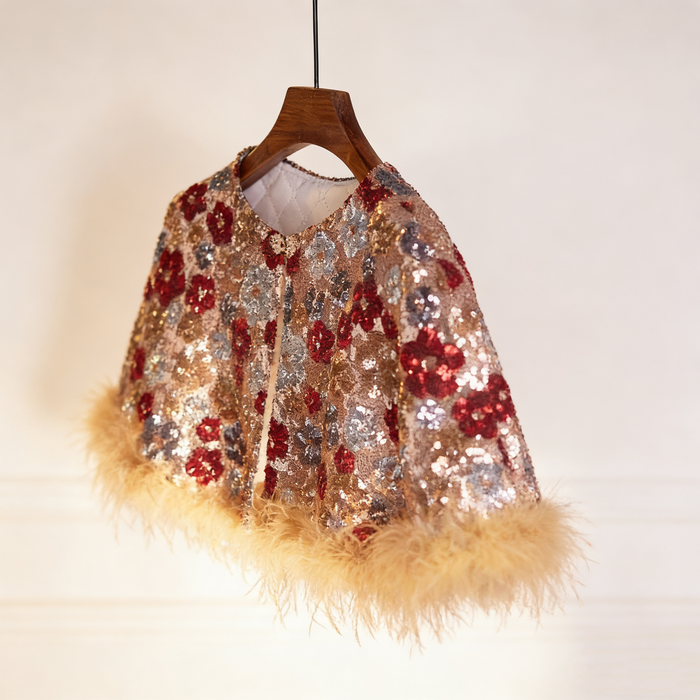 Handcrafted floral sequin bridal capelet featuring shimmering embroidery with soft faux fur trim in gold and burgundy.