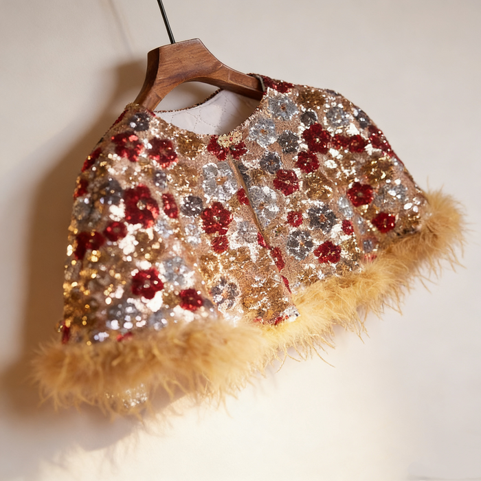 Handcrafted floral sequin bridal capelet featuring shimmering embroidery with soft faux fur trim in gold and burgundy.