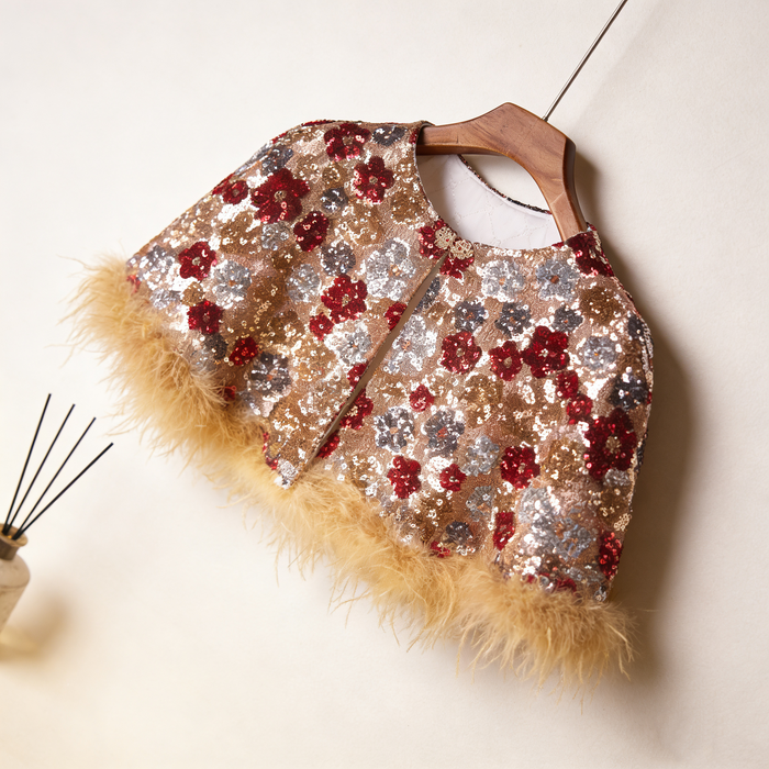 Elegant embroidered feather-trim evening cape for weddings, holiday parties and formal occasions.