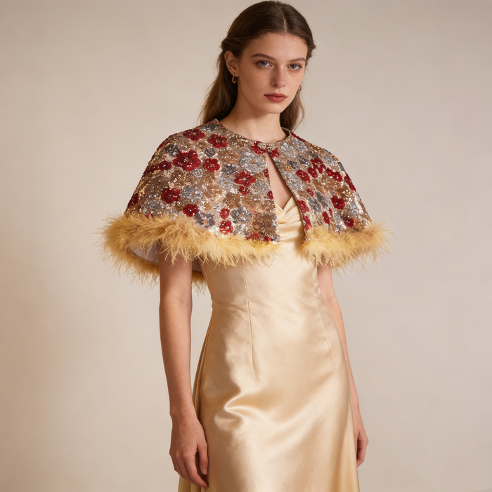 Elegant embroidered feather-trim evening cape for weddings, holiday parties and formal occasions.