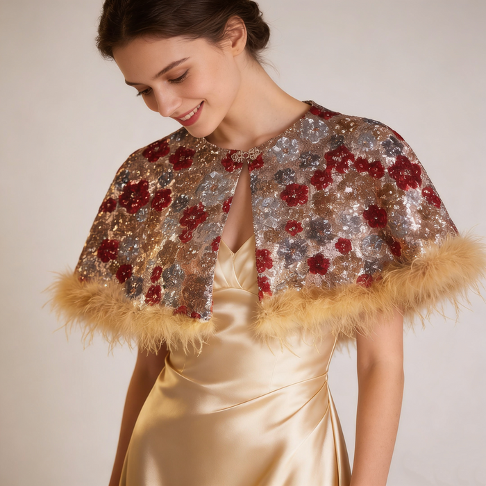 Elegant embroidered feather-trim evening cape for weddings, holiday parties and formal occasions.