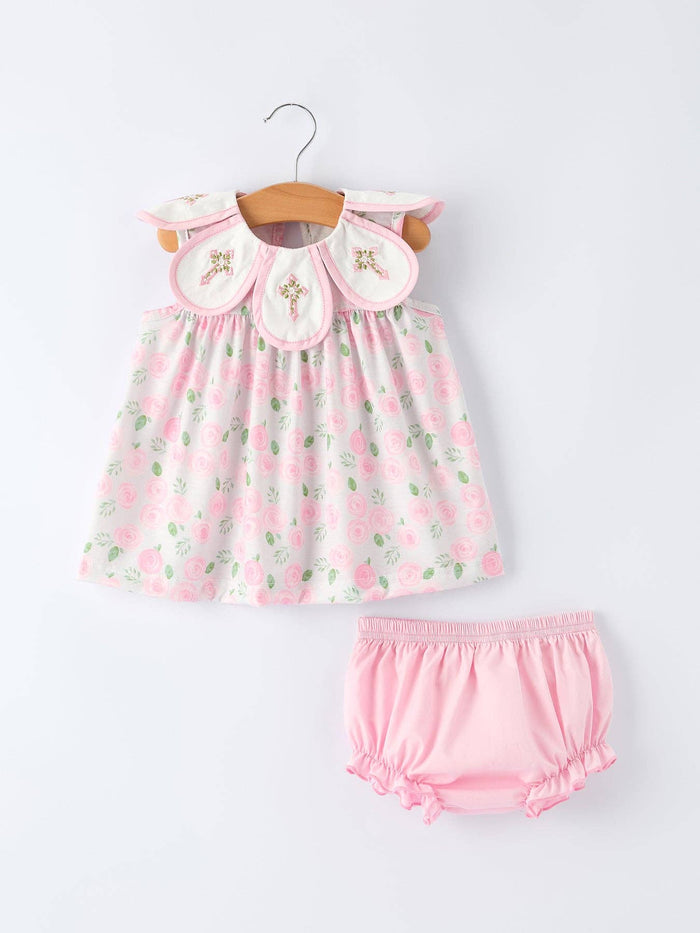 Floral Smocked Christ Bishop Christening Baby Girls Bloomer Set
