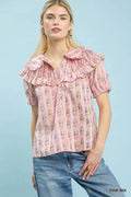 Floral Stripe Ruffle Collar Top