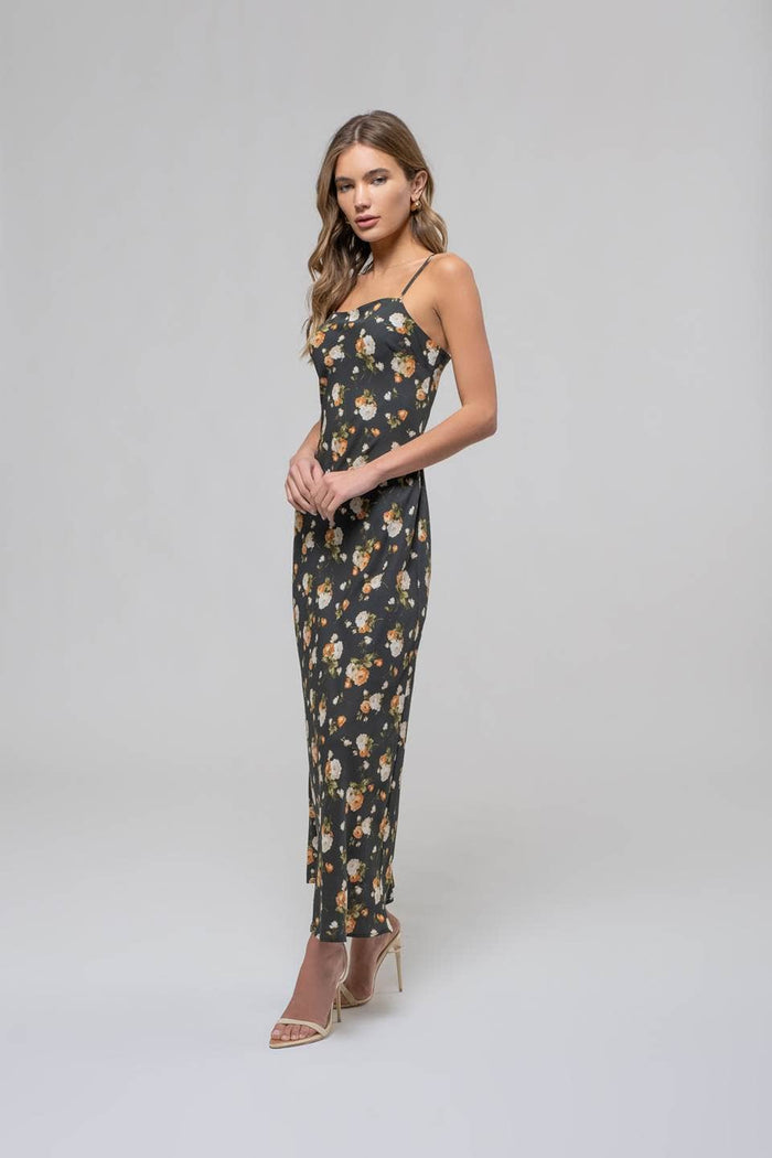 FLORAL SWEETHEART NECK CAMI MIDI DRESS: HUNTER GREEN MULTI
