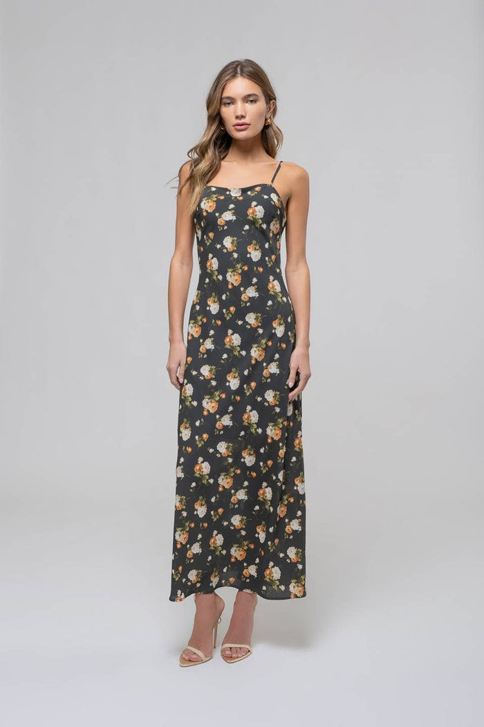 FLORAL SWEETHEART NECK CAMI MIDI DRESS: HUNTER GREEN MULTI