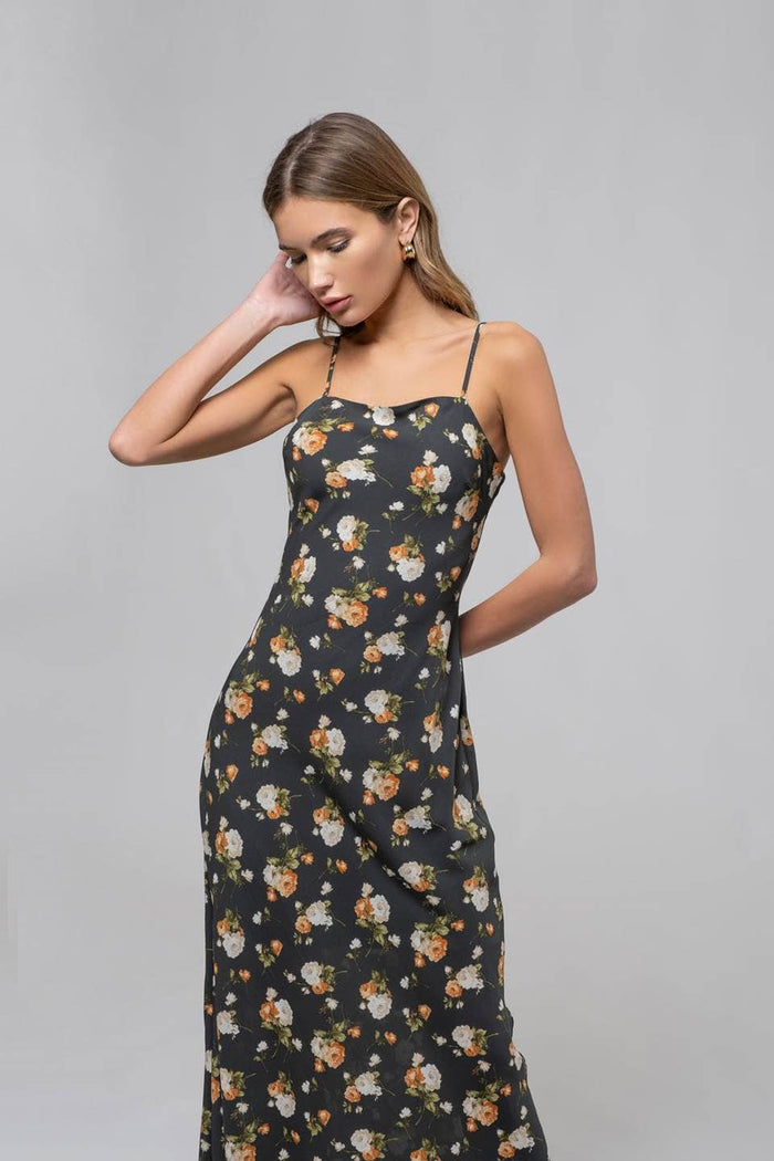 FLORAL SWEETHEART NECK CAMI MIDI DRESS: HUNTER GREEN MULTI