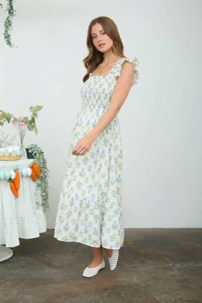 FLORAL TILE PATTERN SMOCKED SLEEVELESS MIDI DRESS blue pepper