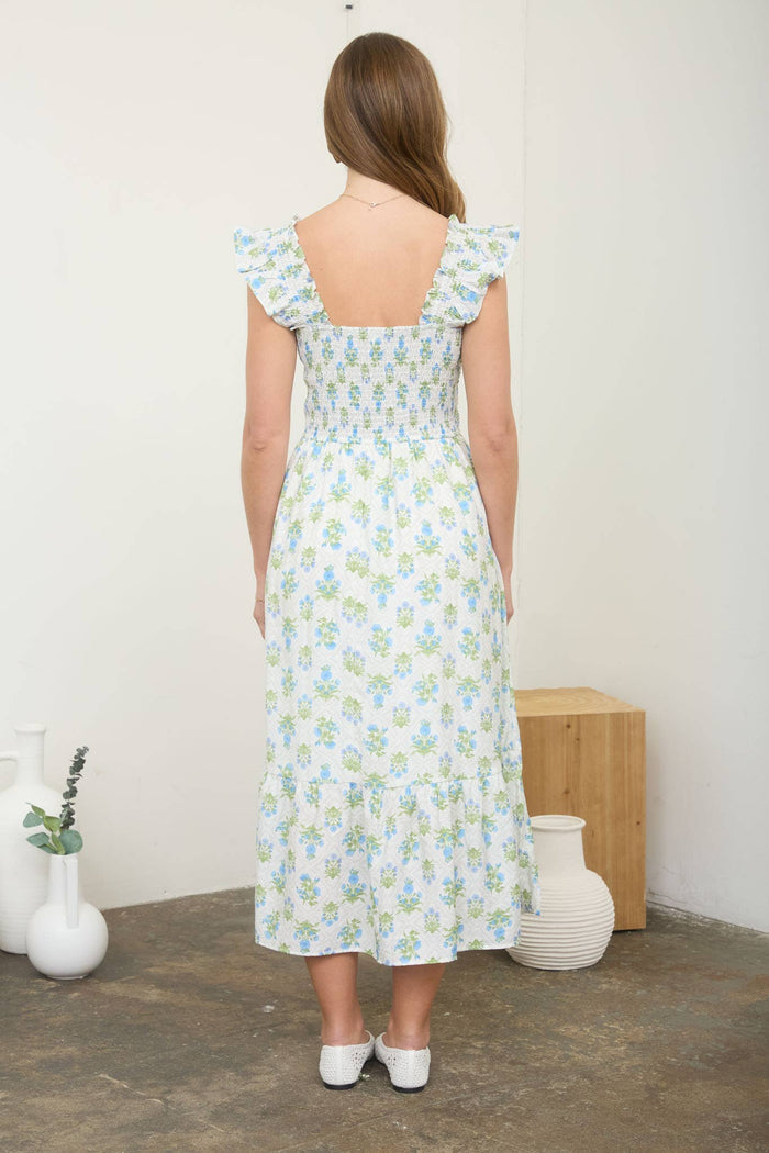 FLORAL TILE PATTERN SMOCKED SLEEVELESS MIDI DRESS blue pepper