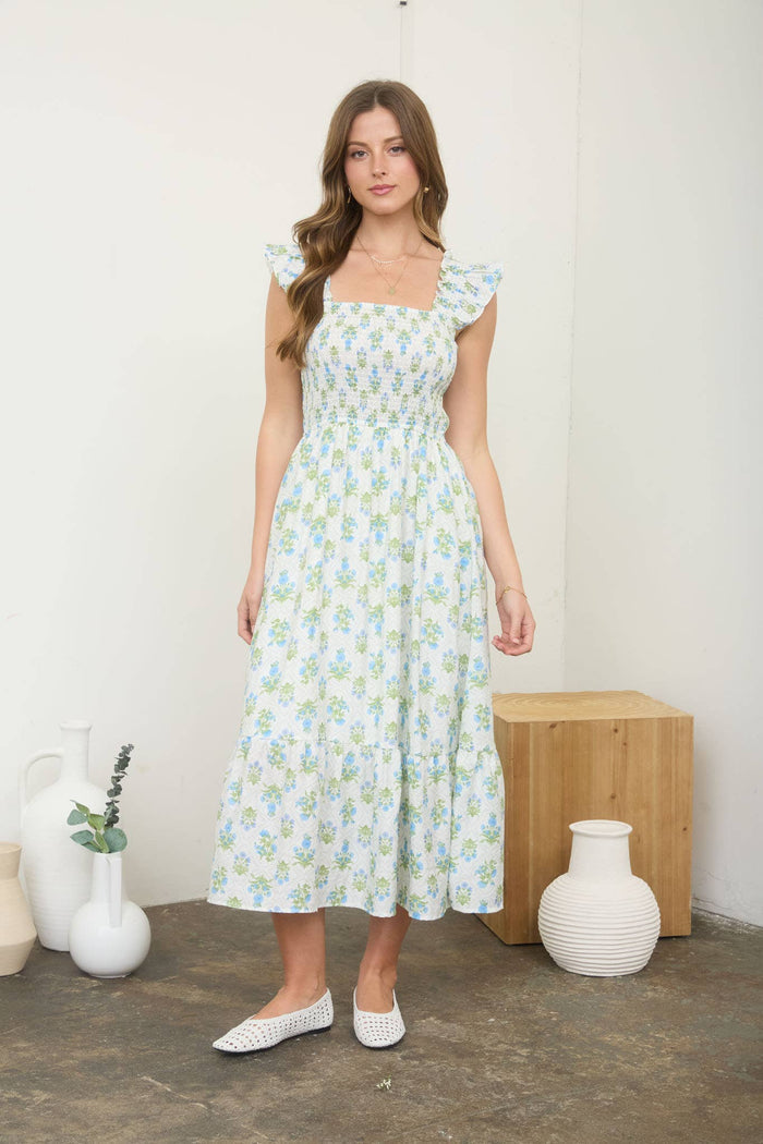FLORAL TILE PATTERN SMOCKED SLEEVELESS MIDI DRESS blue pepper