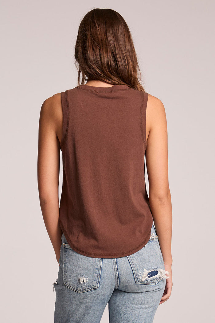 Back view of a woman wearing the Chaser  Flouncy Kahlua Muscle Tank on a neutral background