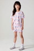 Front view of a girl wearing the Chaser  Flutter Butterfly Shorts and shirt on a neutral background