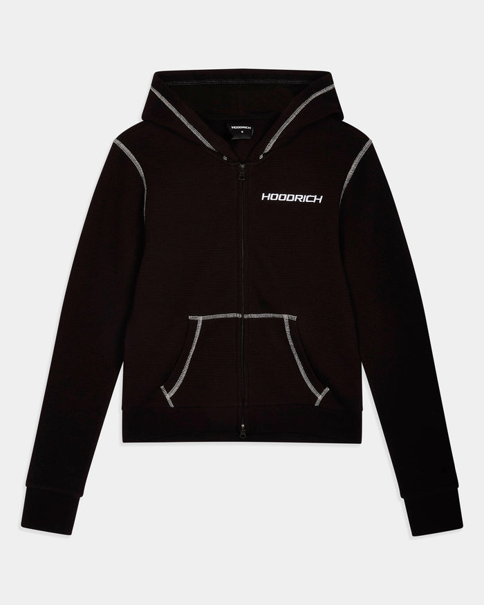 A black zip-up hoodie with white contrast piping and a white 'HOODRICH' logo on the chest, displayed against a light gray background.