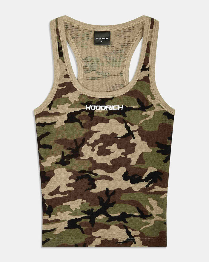 A sleeveless tank top with a green, brown, and beige camouflage pattern, featuring a white 'HOODRICH' logo printed on the chest. The tank top has a ribbed beige neckline and back straps, and is displayed flat against a light gray background.