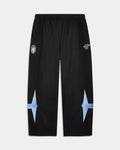 Black athletic sweatpants with white printed graphics on the upper thighs and light blue starburst shapes on the lower legs, shown flat against a light gray background.