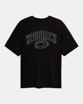Black t-shirt with 'Hoodrich' logo and text on a white background