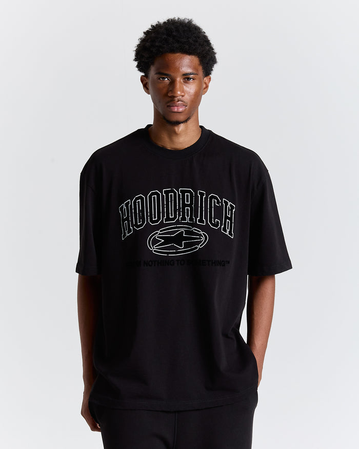 Person wearing a black t-shirt with 'Hoodrich' logo on a white background