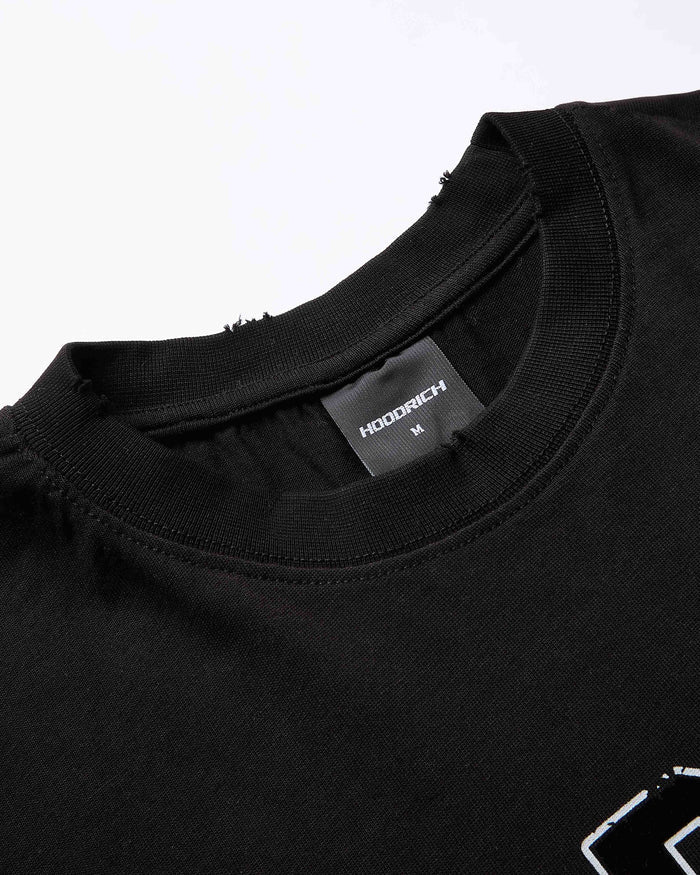 Black t-shirt with a visible brand label on a white background