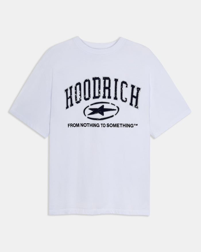 White t-shirt with 'Hoodrich' logo and text on a white background