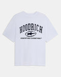 White t-shirt with 'Hoodrich' logo and text on a white background